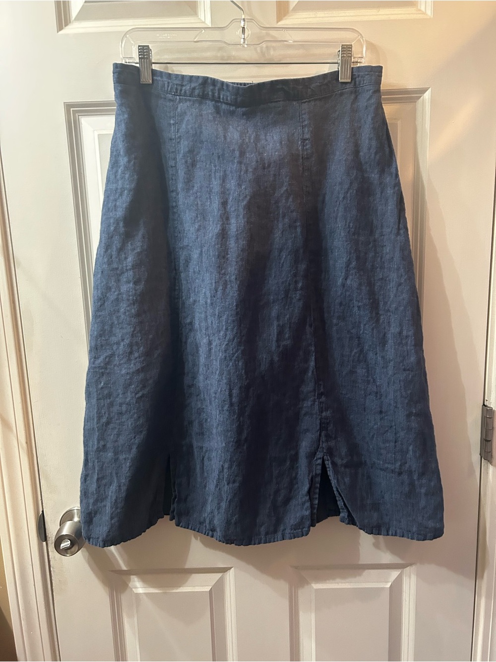 Flax Women's M Navy Linen A-Line Skirt w/pockets and small front slits at hem